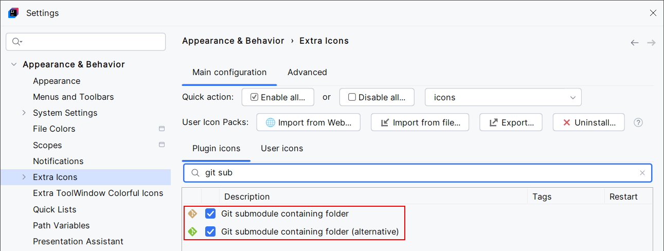 Extra icons git submodules settings