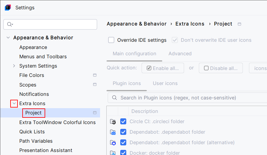 Extra icons project level settings