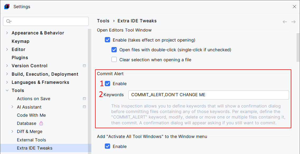 Extra ide tweaks commit alert cfg Extra ide tweaks commit alert cfg