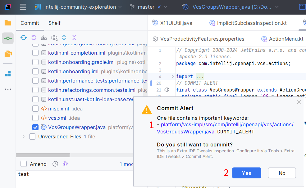 Extra ide tweaks commit alert Extra ide tweaks commit alert