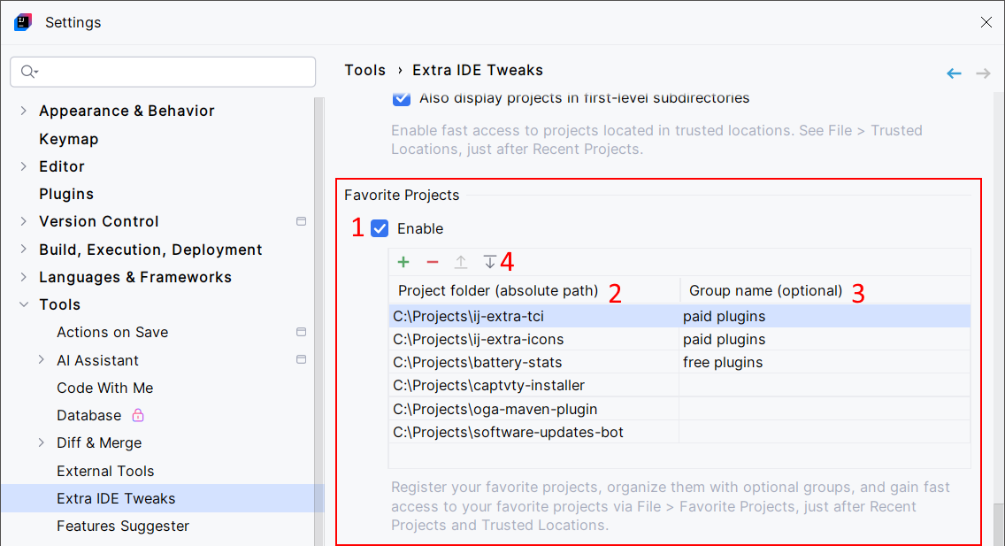 Extra ide tweaks favorite projects cfg