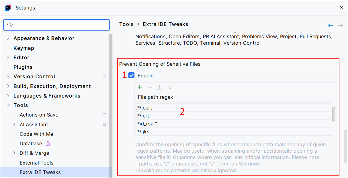 Extra ide tweaks prevent opening sensitive files cfg